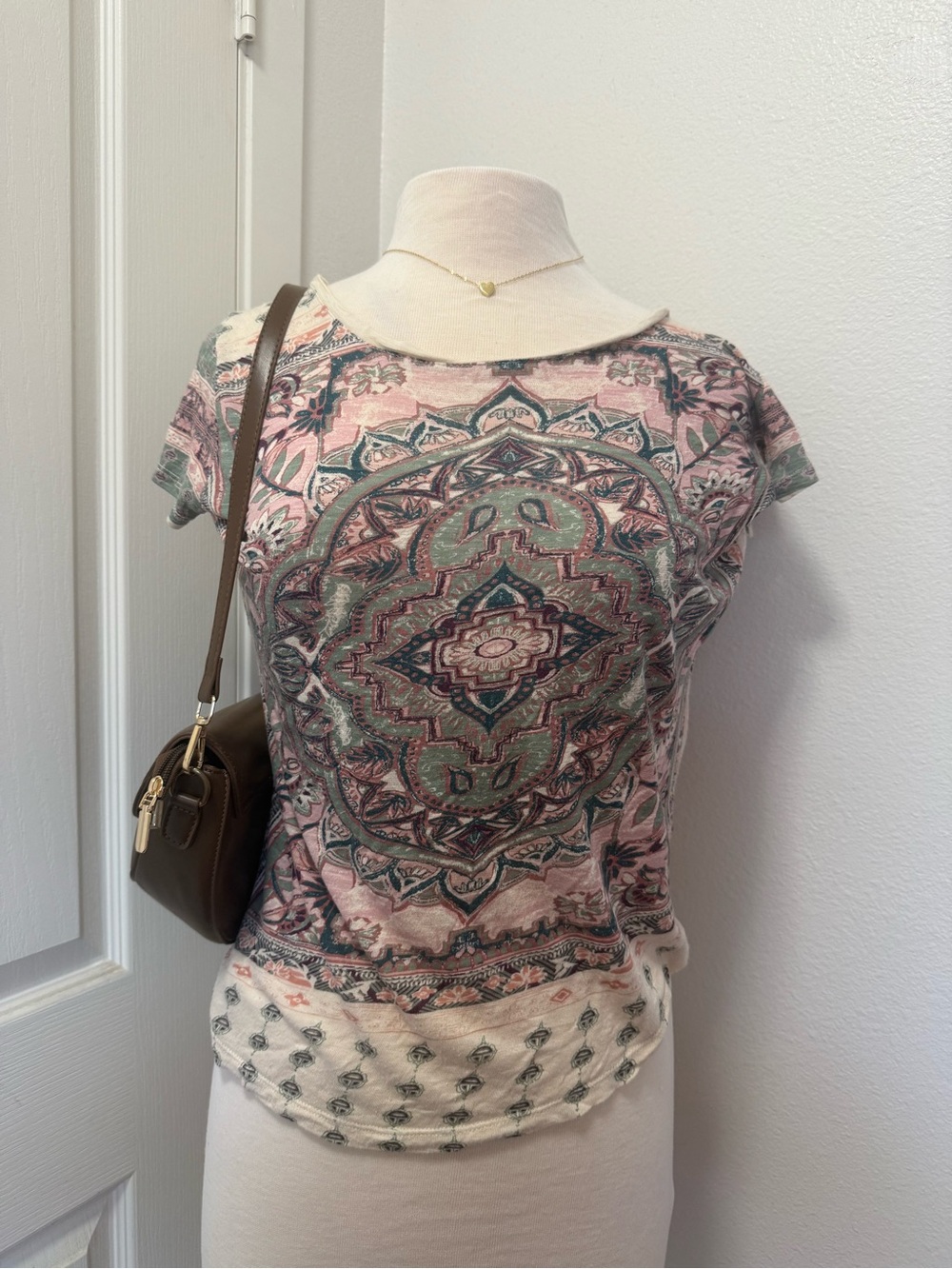 Lucky Brand Pink and Sage Green Medallion Short Sleeve Tee